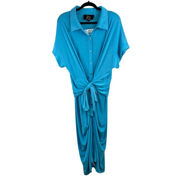 Nina Parker Tie-Front Collared Ruched Turquoise Blue Midi Dress Plus 3X NWT - Picture 2 of 13